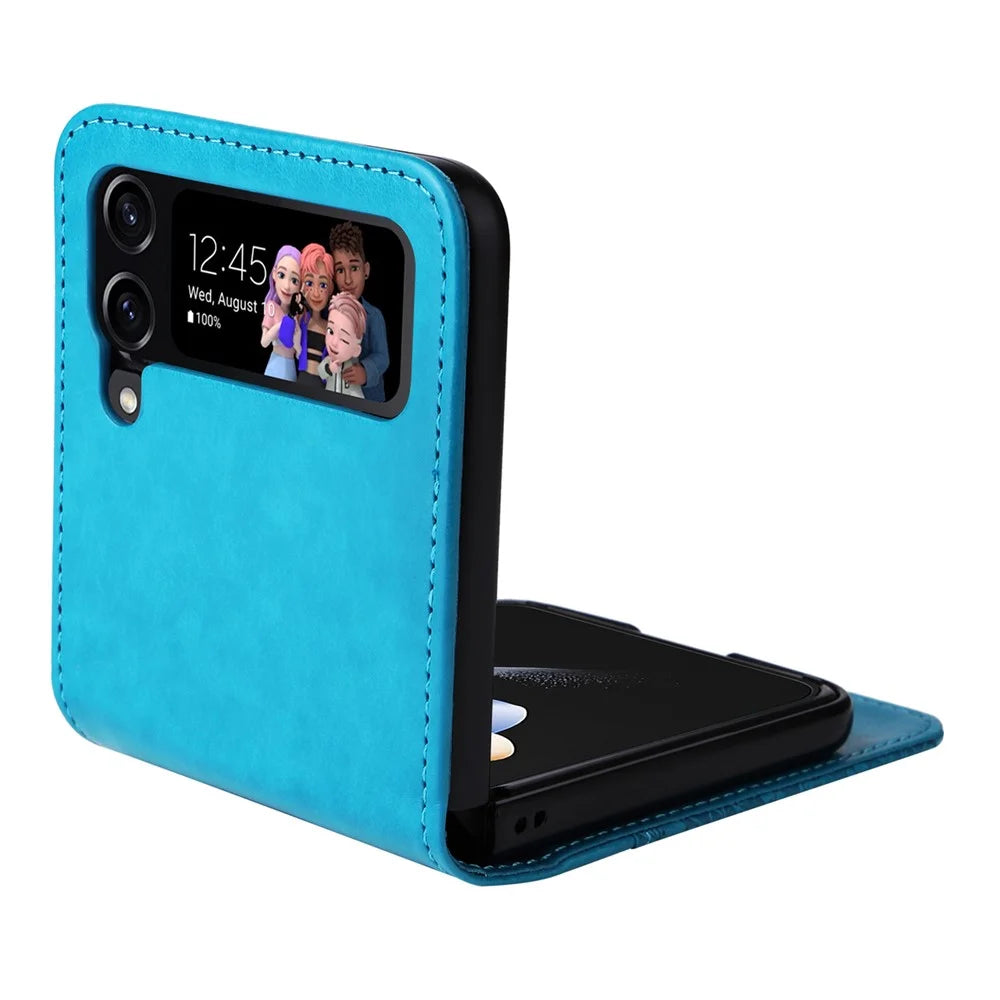 For Samsung Galaxy Z Flip4 5G Folding Phone Leather Case Sunflower Imprinted Phone Cover with Card Holder - Blue - 2