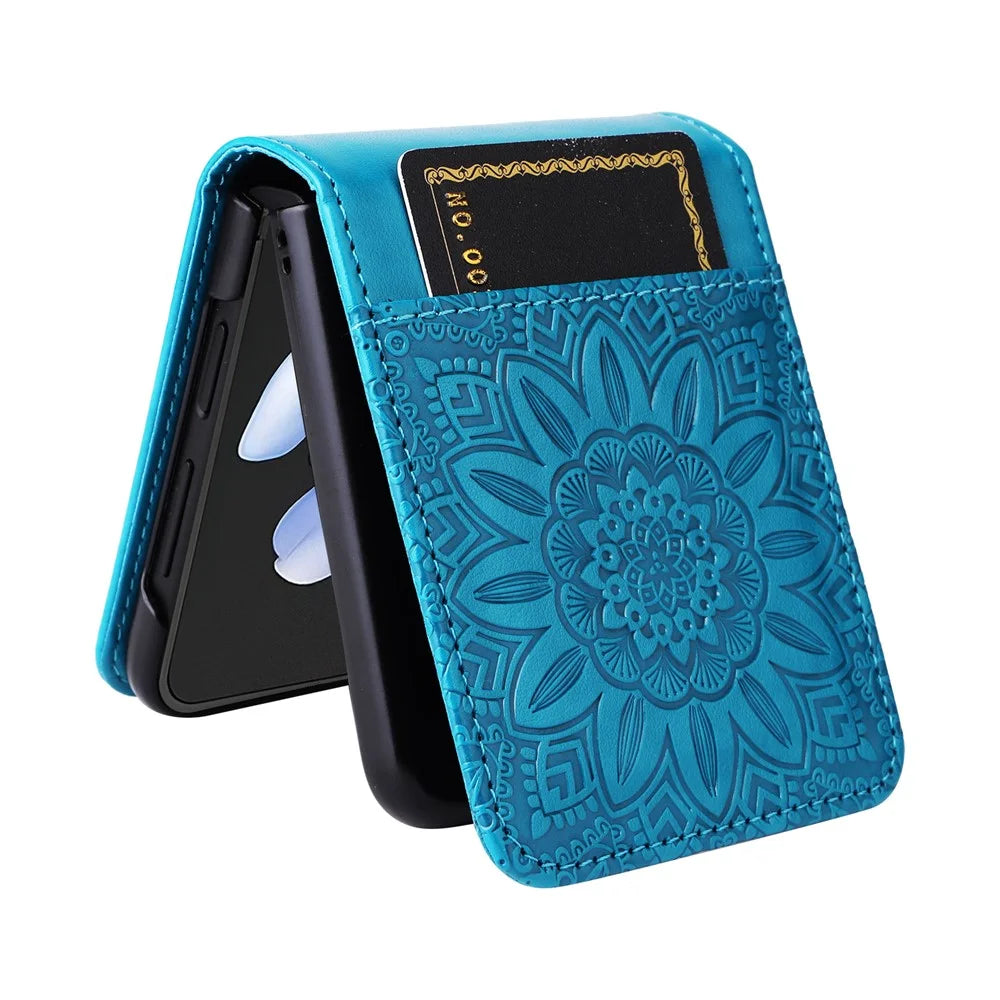 For Samsung Galaxy Z Flip4 5G Folding Phone Leather Case Sunflower Imprinted Phone Cover with Card Holder - Blue - 3