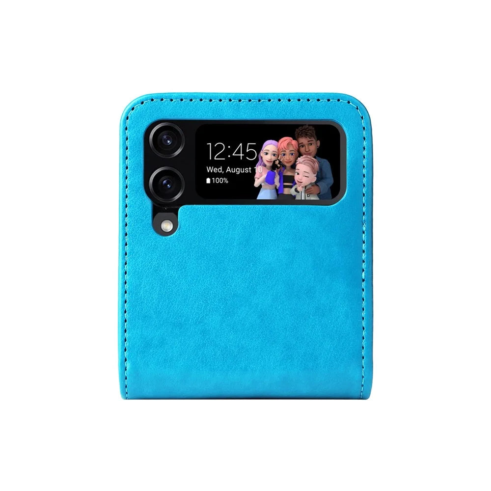 For Samsung Galaxy Z Flip4 5G Folding Phone Leather Case Sunflower Imprinted Phone Cover with Card Holder - Blue - 6