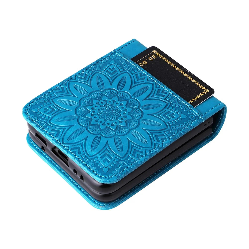 For Samsung Galaxy Z Flip4 5G Folding Phone Leather Case Sunflower Imprinted Phone Cover with Card Holder - Blue - 7