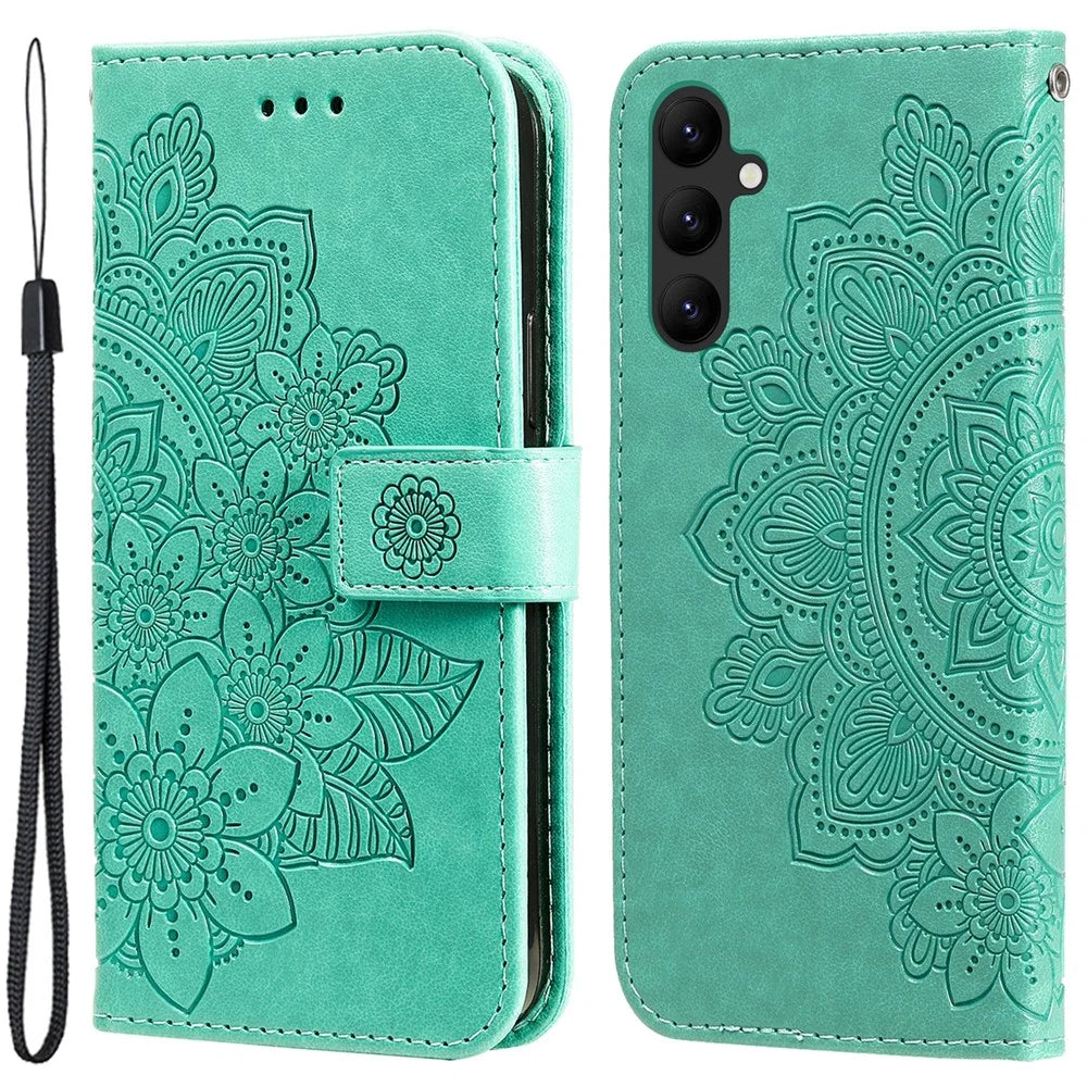 For Samsung Galaxy A24 4G (162.1 x 77.6 x 8.3mm) Case Floral Pattern PU Leather Wallet Stand Phone Cover - Green - 1