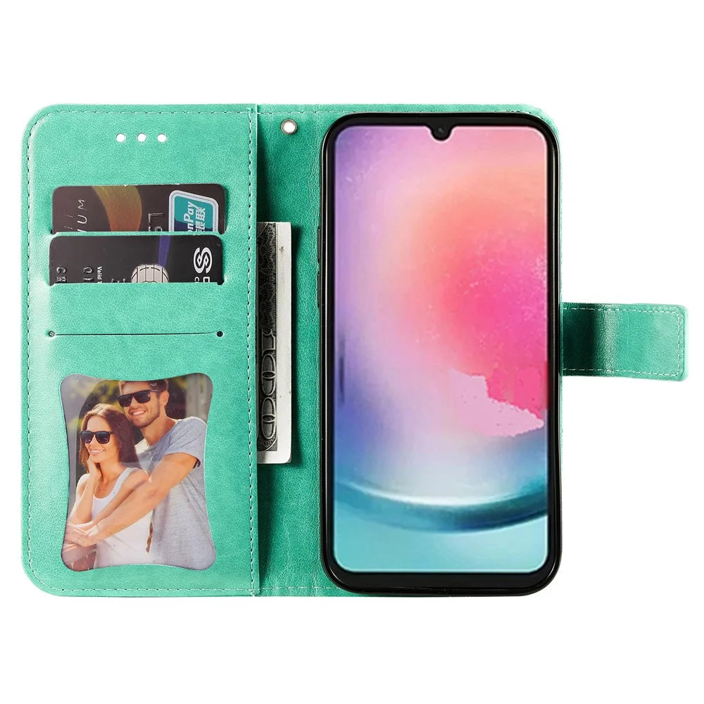 For Samsung Galaxy A24 4G (162.1 x 77.6 x 8.3mm) Case Floral Pattern PU Leather Wallet Stand Phone Cover - Green - 2