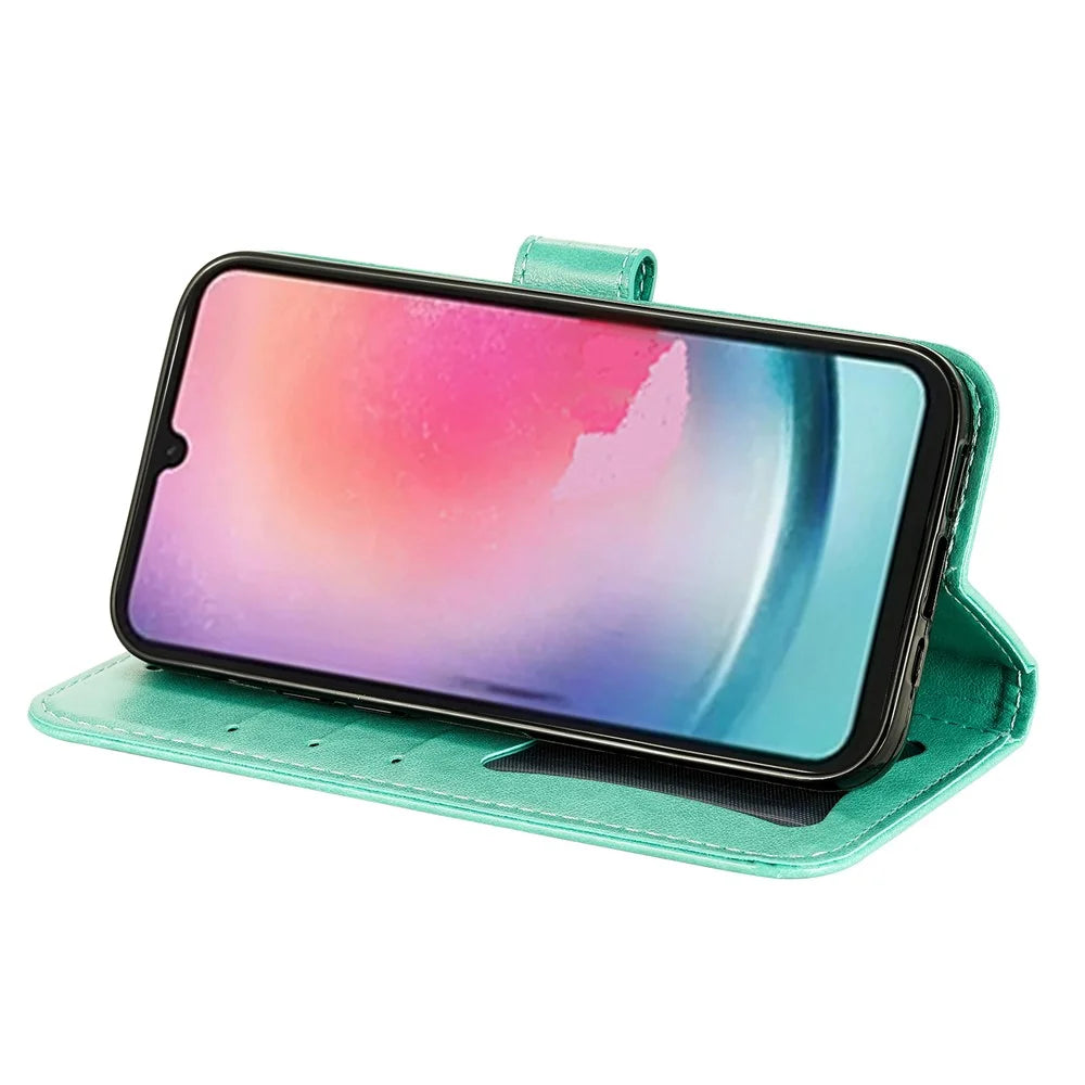For Samsung Galaxy A24 4G (162.1 x 77.6 x 8.3mm) Case Floral Pattern PU Leather Wallet Stand Phone Cover - Green - 3