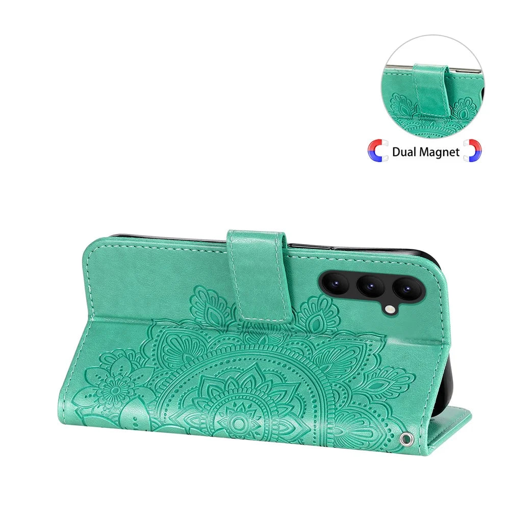 For Samsung Galaxy A24 4G (162.1 x 77.6 x 8.3mm) Case Floral Pattern PU Leather Wallet Stand Phone Cover - Green - 4