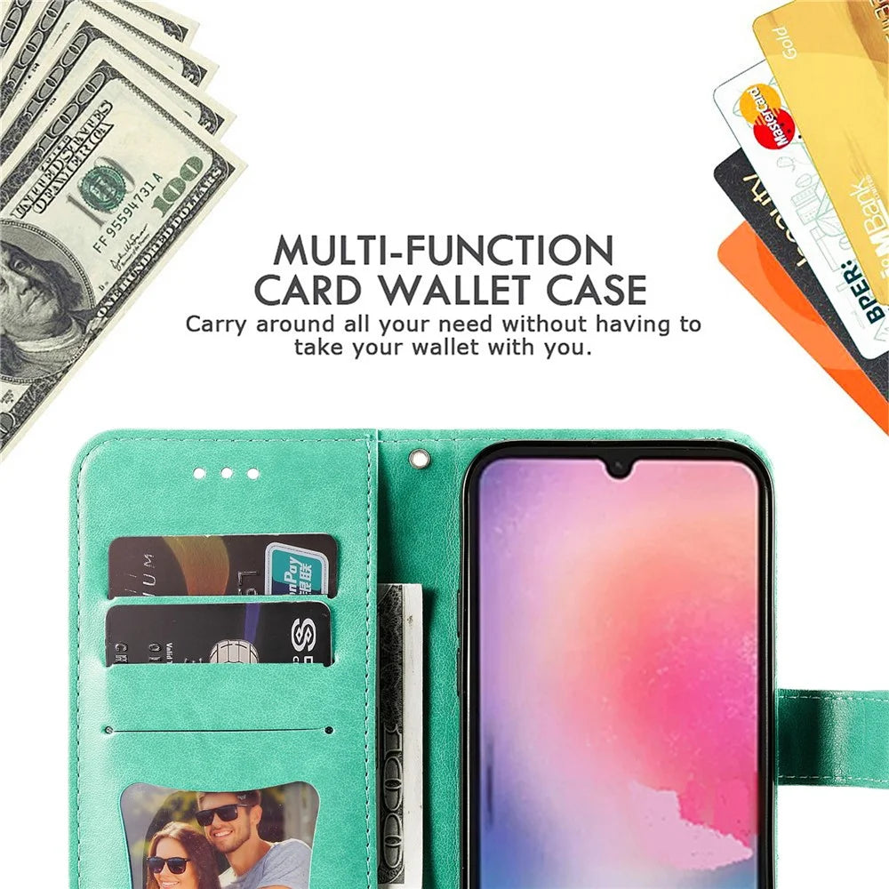 For Samsung Galaxy A24 4G (162.1 x 77.6 x 8.3mm) Case Floral Pattern PU Leather Wallet Stand Phone Cover - Green - 7