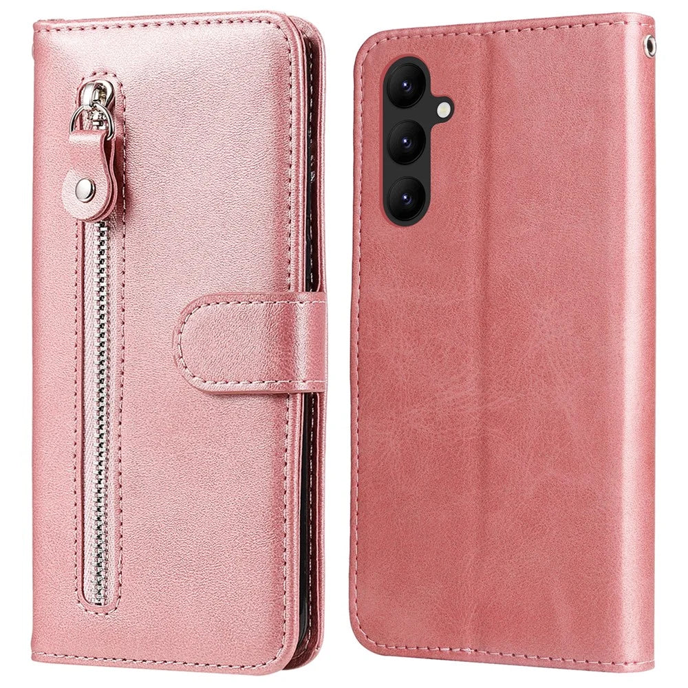For Samsung Galaxy A24 4G (162.1 x 77.6 x 8.3mm) Zipper Pocket Phone Stand Case Calf Texture Leather Wallet Phone Cover - Pink - 1
