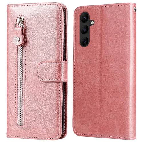 For Samsung Galaxy A24 4G (162.1 x 77.6 x 8.3mm) Zipper Pocket Phone Stand Case Calf Texture Leather Wallet Phone Cover - Pink - 1