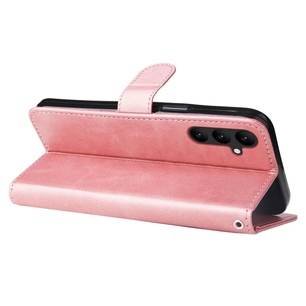 For Samsung Galaxy A24 4G (162.1 x 77.6 x 8.3mm) Zipper Pocket Phone Stand Case Calf Texture Leather Wallet Phone Cover - Pink - 4