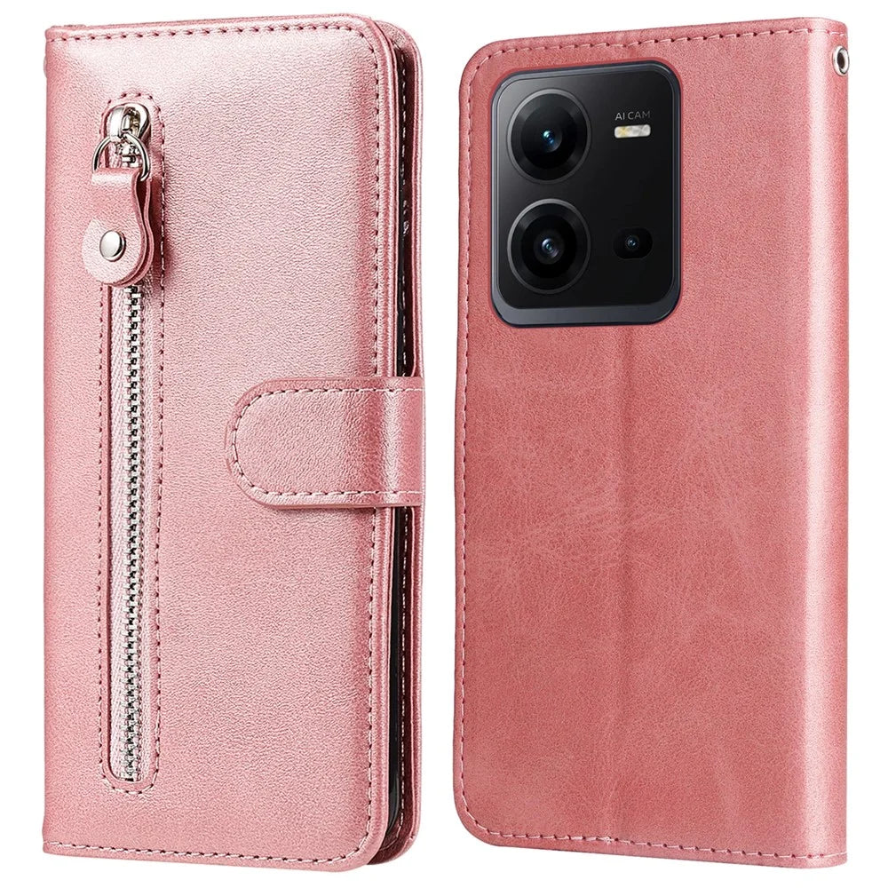 For vivo V25 5G / V25e 4G Calf Texture PU Leather Wallet Phone Case Zipper Pocket Flip Stand Cover - Pink - 1
