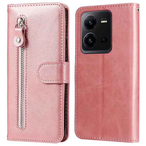 For vivo V25 5G / V25e 4G Calf Texture PU Leather Wallet Phone Case Zipper Pocket Flip Stand Cover - Pink - 1