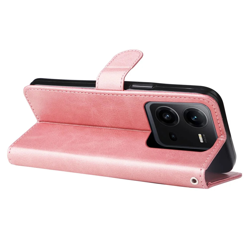 For vivo V25 5G / V25e 4G Calf Texture PU Leather Wallet Phone Case Zipper Pocket Flip Stand Cover - Pink - 4