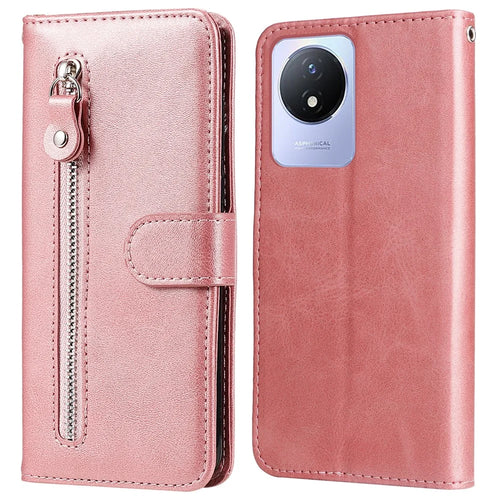 For vivo Y02 4G Calf Texture Zipper Pocket Phone Case Drop-proof Leather Wallet Stand Cover - Pink - 1