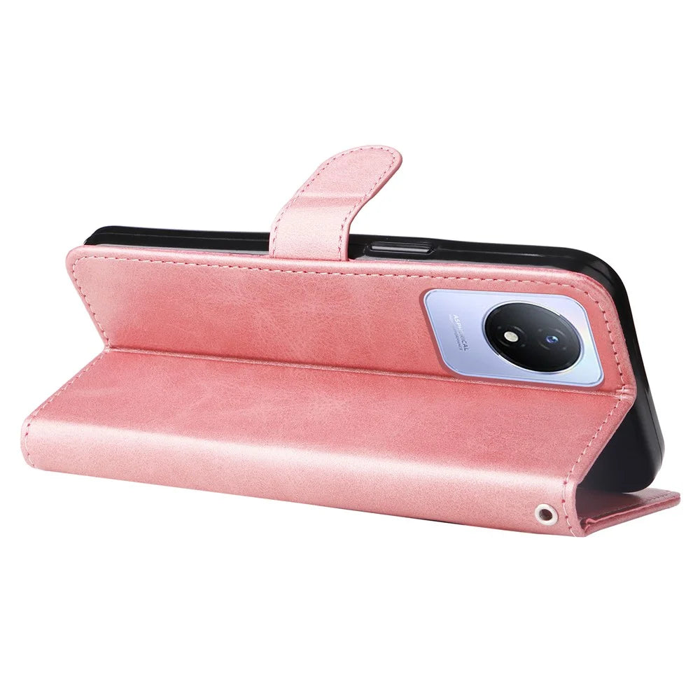 For vivo Y02 4G Calf Texture Zipper Pocket Phone Case Drop-proof Leather Wallet Stand Cover - Pink - 4