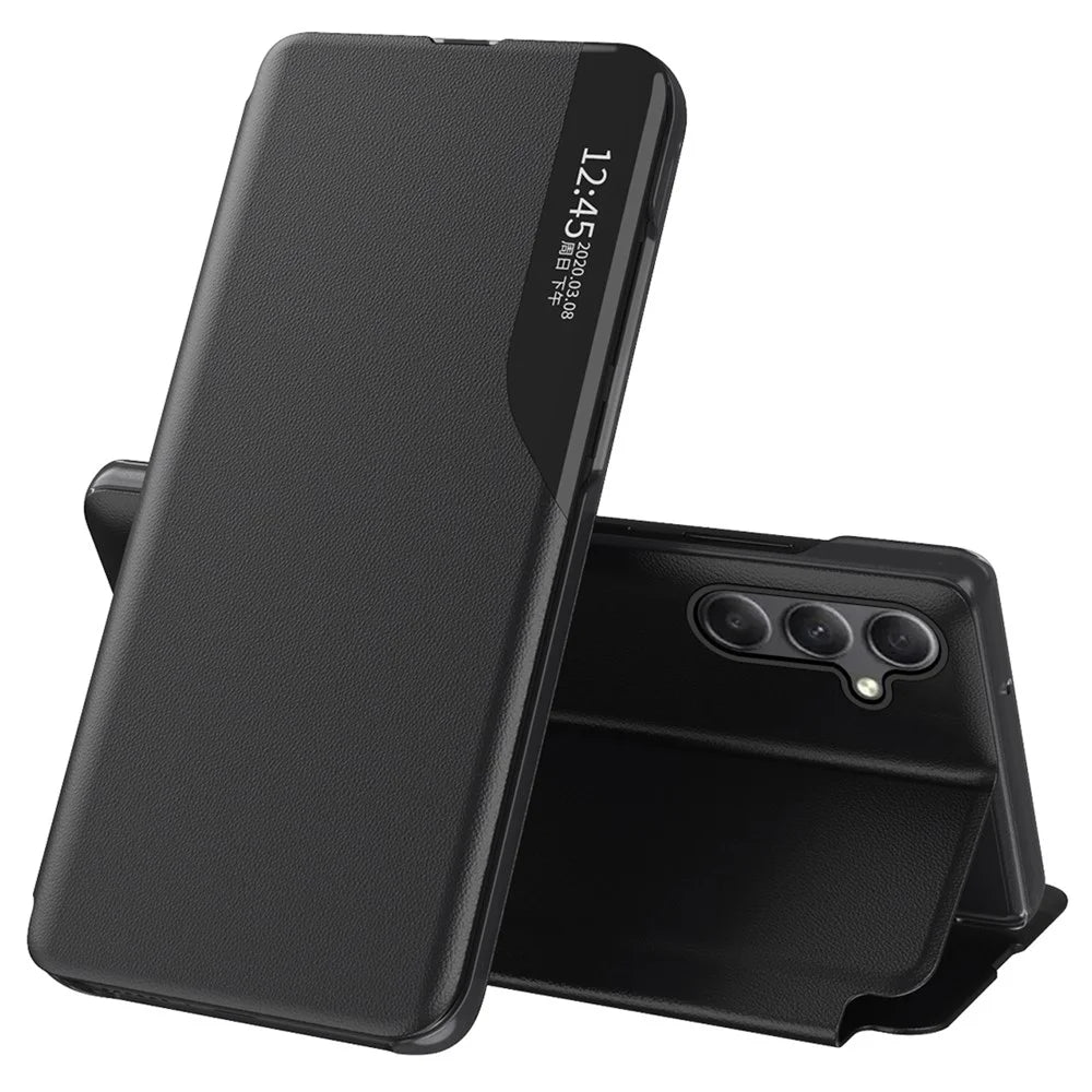 For Samsung Galaxy A34 5G Case View Window PU Leather Stand Cover - Black - 1
