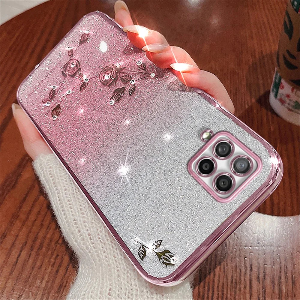 KADEM For Samsung Galaxy A42 5G / M42 5G Gradient Glitter Powder TPU Cover Rhinestone Decor Flower Pattern Anti-drop Protective Case - Rose Gold - 2