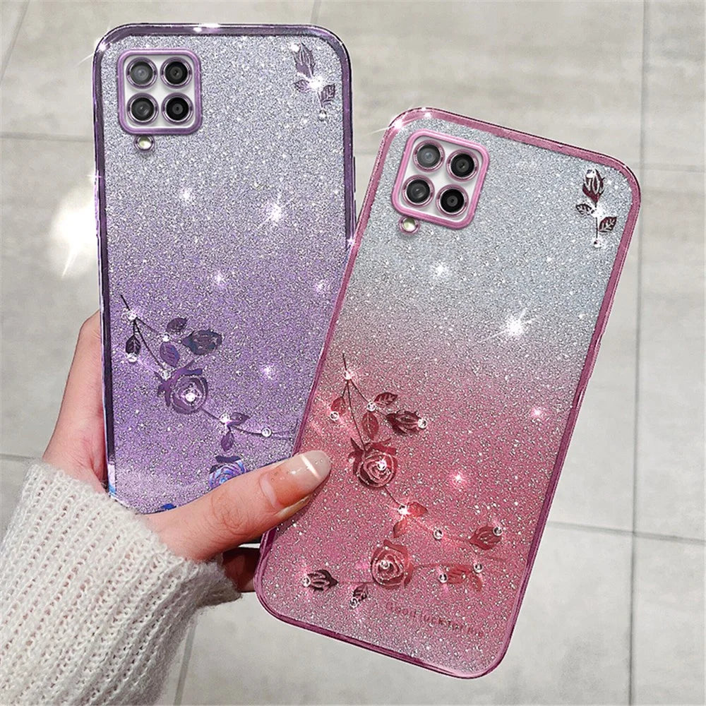KADEM For Samsung Galaxy A42 5G / M42 5G Gradient Glitter Powder TPU Cover Rhinestone Decor Flower Pattern Anti-drop Protective Case - Rose Gold - 7