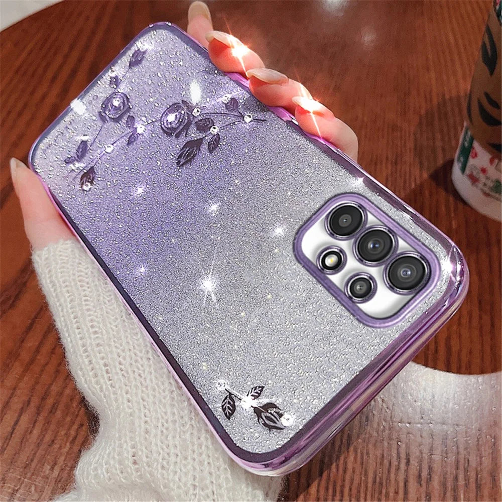KADEM Slim-Fit Phone Case with Rhinestone Decor for Samsung Galaxy A33 5G , Gradient Glitter Powder Flower TPU Cover - Purple - 2