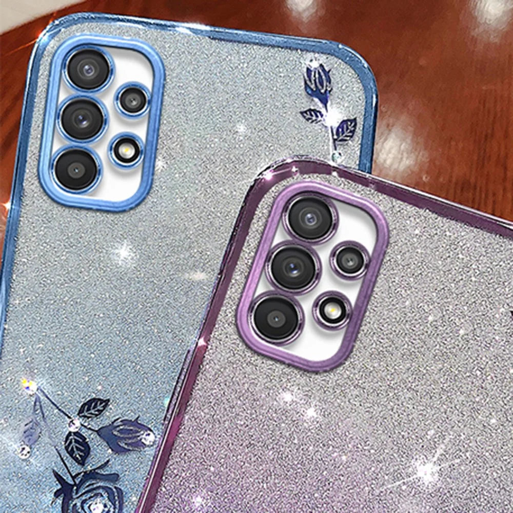 KADEM For Samsung Galaxy A52 4G / A52s 5G / A52 5G Rhinestone Decor Gradient Glitter Powder TPU Cover Flower Pattern Phone Case - Blue - 5