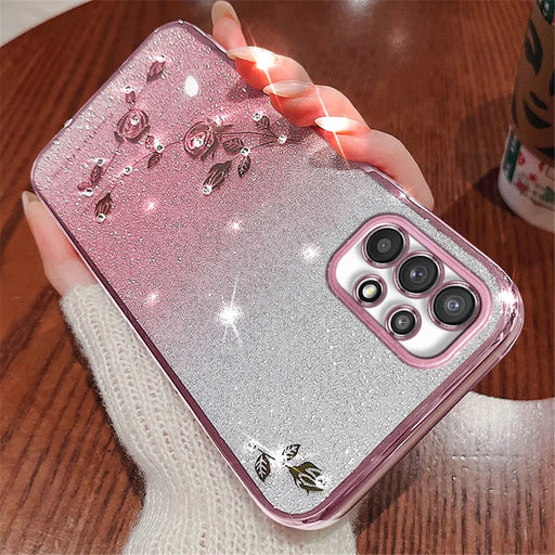 KADEM For Samsung Galaxy A32 5G / M32 5G TPU Cover Rhinestone Decor Flower Pattern  Gradient Glitter Powder Phone Case - Rose Gold - 2