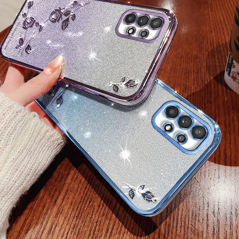 KADEM For Samsung Galaxy A32 5G / M32 5G TPU Cover Rhinestone Decor Flower Pattern  Gradient Glitter Powder Phone Case - Rose Gold - 4
