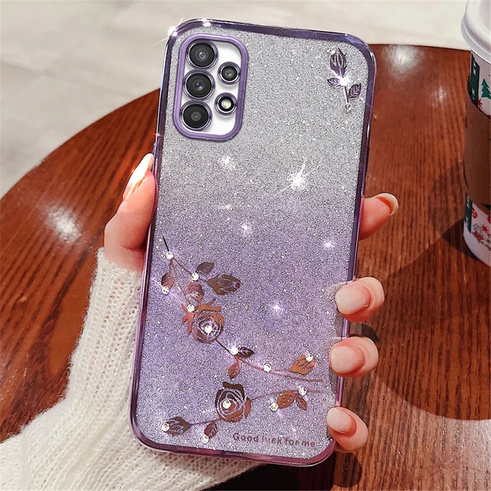 KADEM For Samsung Galaxy A23 5G (Global Version) / A23 4G Rhinestone Decor Phone Case Gradient Glitter Flower Pattern Phone TPU Cover - Purple - 2