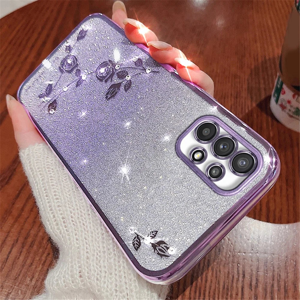 KADEM For Samsung Galaxy A23 5G (Global Version) / A23 4G Rhinestone Decor Phone Case Gradient Glitter Flower Pattern Phone TPU Cover - Purple - 3