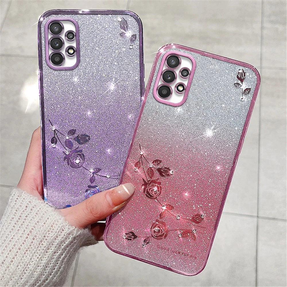 KADEM For Samsung Galaxy A23 5G (Global Version) / A23 4G Rhinestone Decor Phone Case Gradient Glitter Flower Pattern Phone TPU Cover - Purple - 5