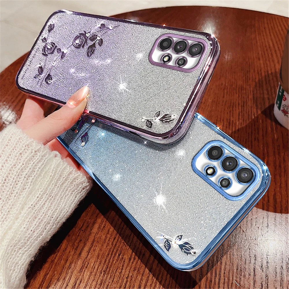KADEM For Samsung Galaxy A23 5G (Global Version) / A23 4G Rhinestone Decor Phone Case Gradient Glitter Flower Pattern Phone TPU Cover - Purple - 6