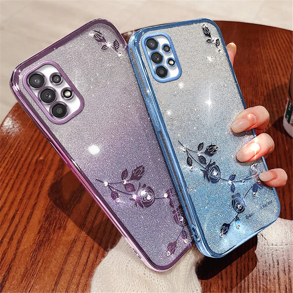 KADEM For Samsung Galaxy A23 5G (Global Version) / A23 4G Rhinestone Decor Phone Case Gradient Glitter Flower Pattern Phone TPU Cover - Purple - 7
