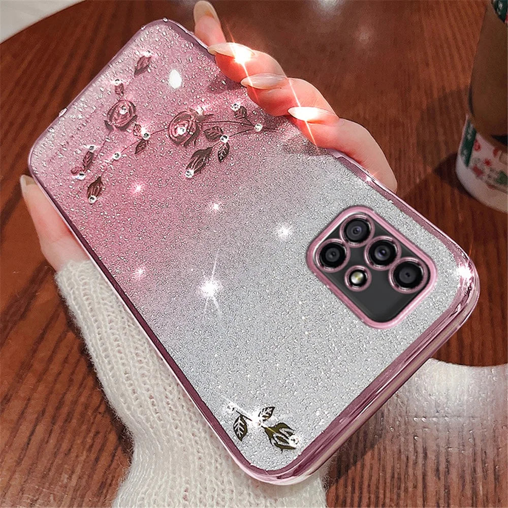 KADEM For Samsung Galaxy A51 5G SM-A516 Soft TPU Phone Case Flower Rhinestone Decor Gradient Glitter Phone Cover - Rose Gold - 3