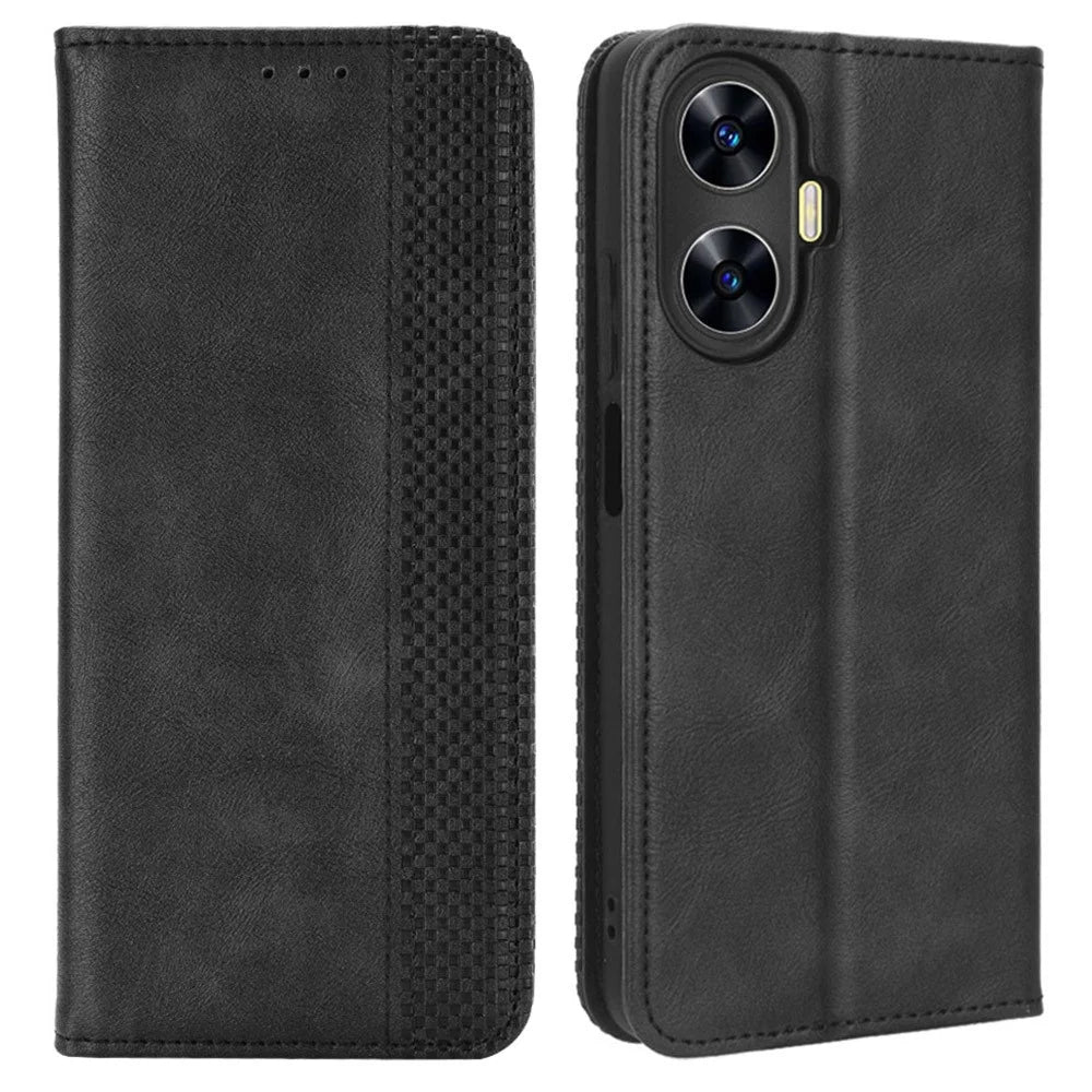 For Realme C55 / Narzo N55 4G Retro Magnetic Absorption Flip Stand Cover PU Leather Wallet Phone Case - Black - 1