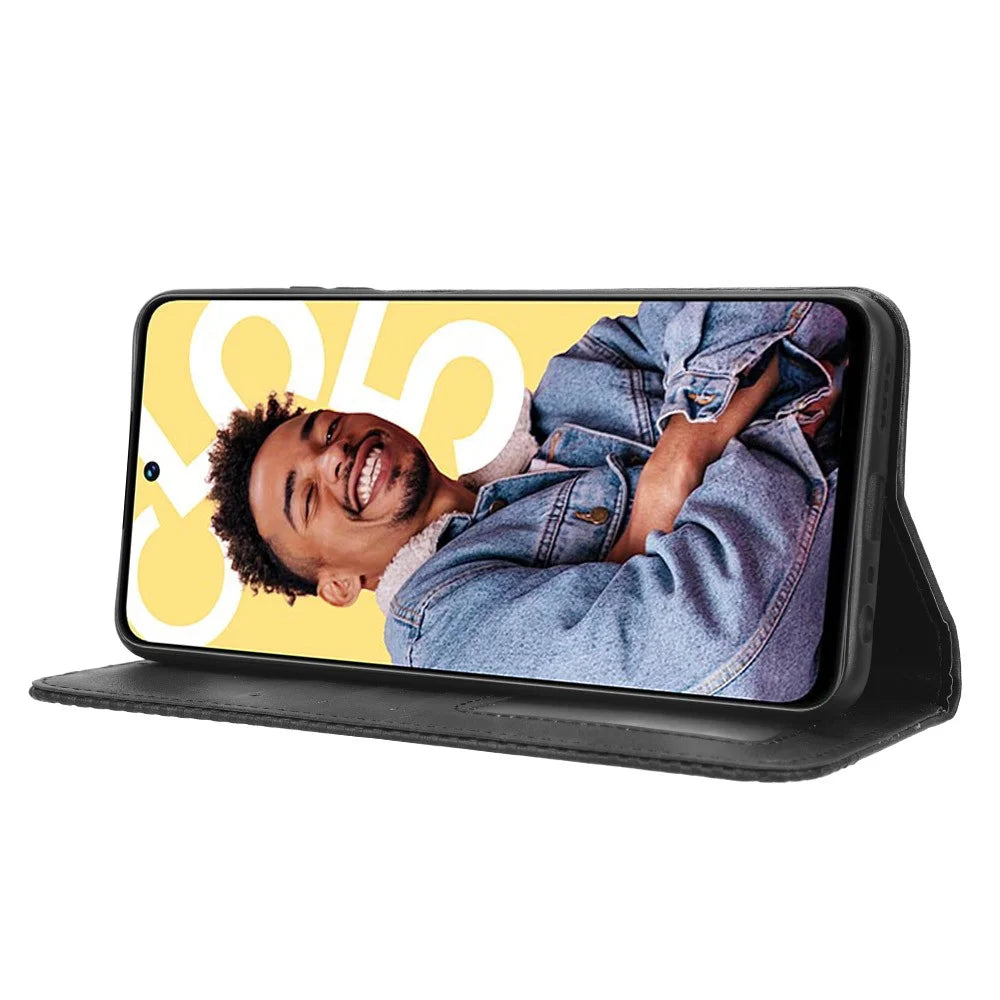 For Realme C55 / Narzo N55 4G Retro Magnetic Absorption Flip Stand Cover PU Leather Wallet Phone Case - Black - 3