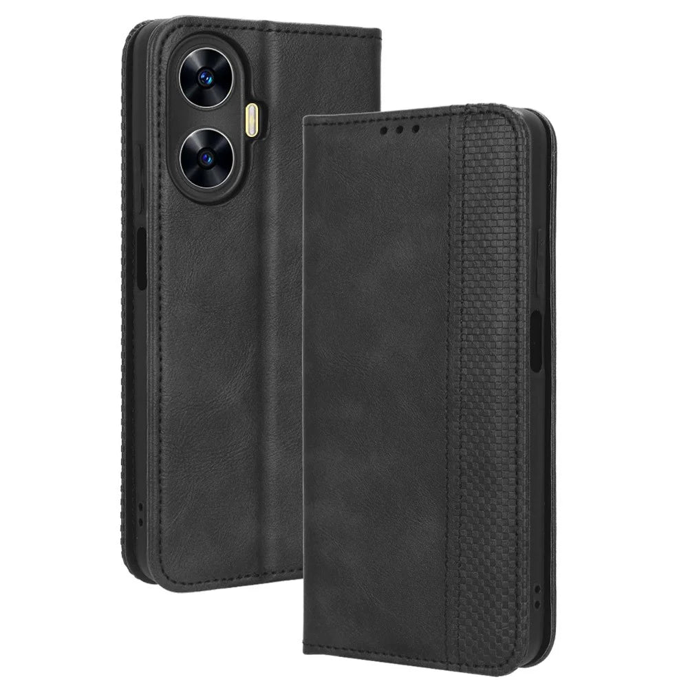 For Realme C55 / Narzo N55 4G Retro Magnetic Absorption Flip Stand Cover PU Leather Wallet Phone Case - Black - 5