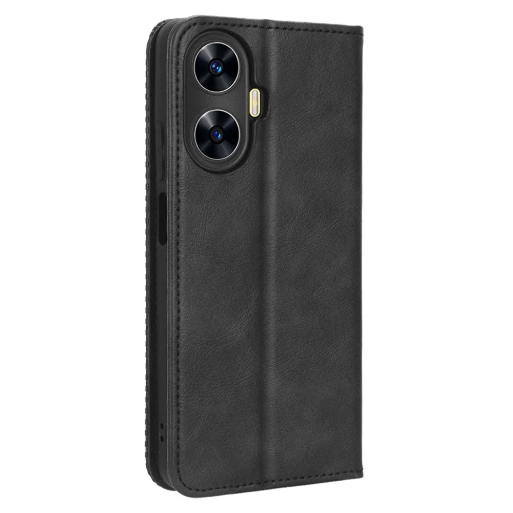For Realme C55 / Narzo N55 4G Retro Magnetic Absorption Flip Stand Cover PU Leather Wallet Phone Case - Black - 7