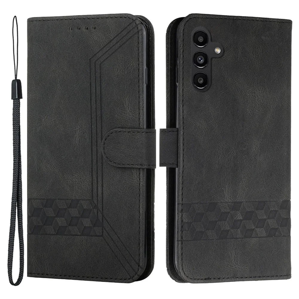 For Samsung Galaxy A34 5G Phone Case with Strap Imprint PU Leather Wallet Stand Cover - Black - 1