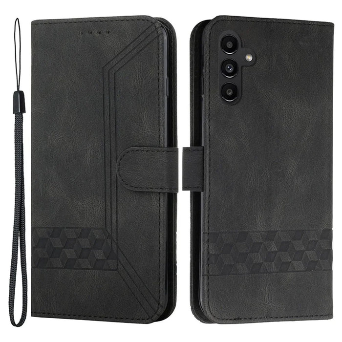 For Samsung Galaxy A34 5G Phone Case with Strap Imprint PU Leather Wallet Stand Cover - Black - 1