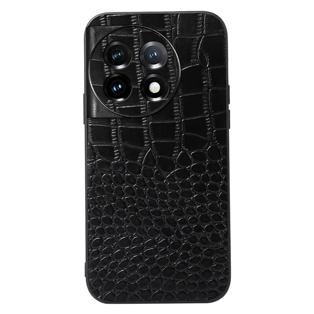 For OnePlus Ace 2 5G / 11R 5G Phone Cover, Genuine Cowhide Leather Coated PC+TPU Crocodile Texture Case - Black - 1