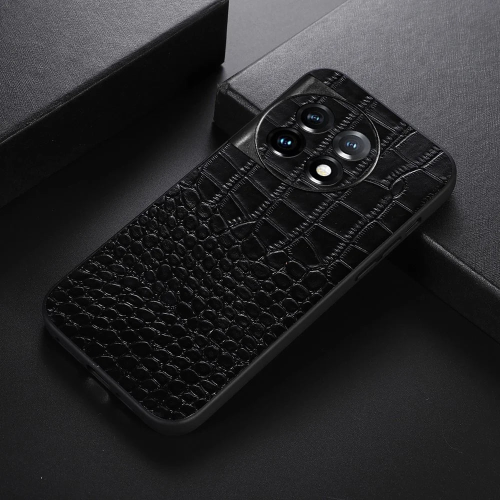 For OnePlus Ace 2 5G / 11R 5G Phone Cover, Genuine Cowhide Leather Coated PC+TPU Crocodile Texture Case - Black - 2