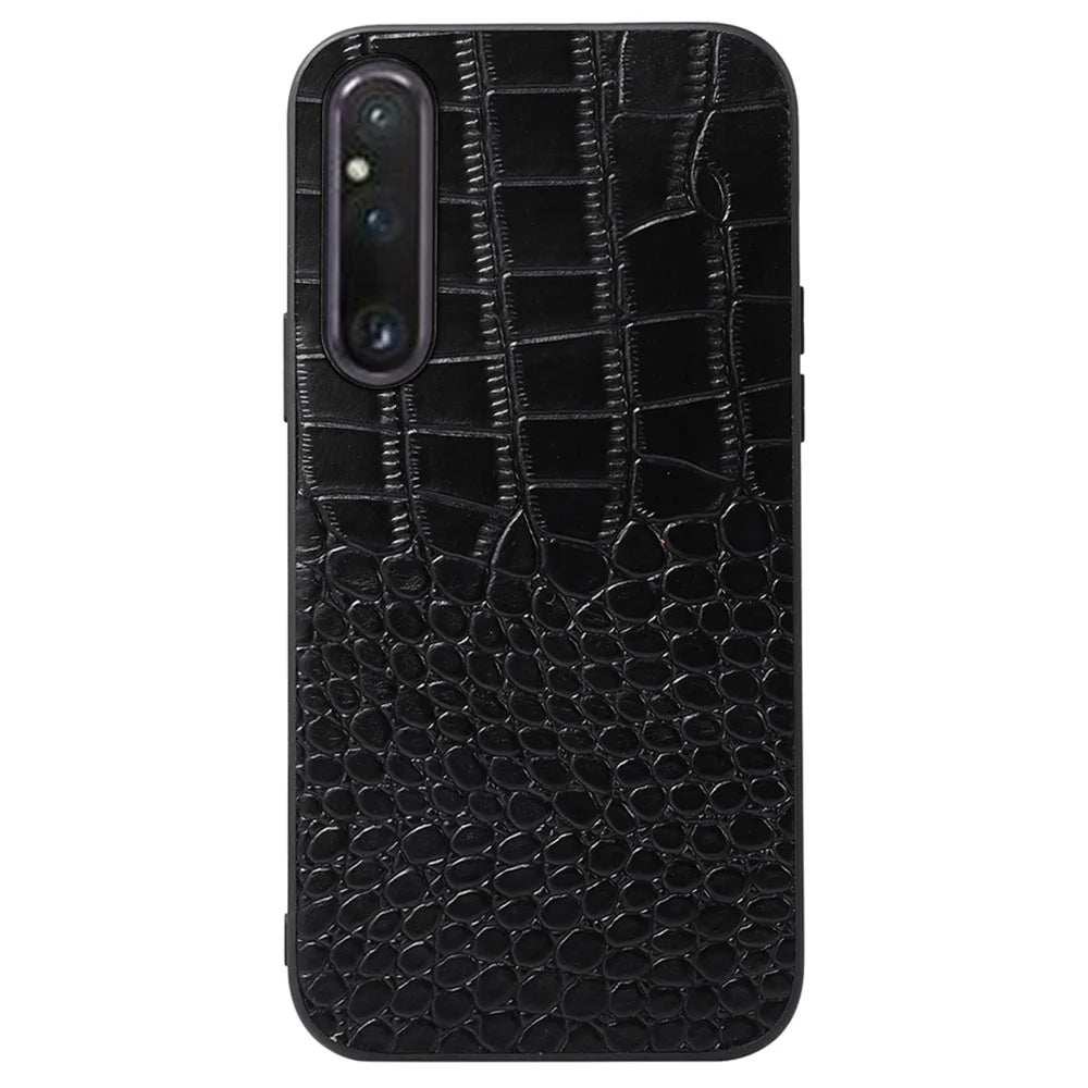 For Sony Xperia 1 V Genuine Cowhide Leather Coated PC+TPU Crocodile Texture Phone Case - Black - 1