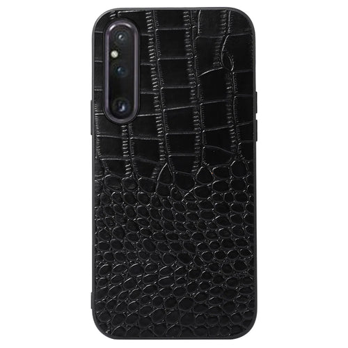 For Sony Xperia 1 V Genuine Cowhide Leather Coated PC+TPU Crocodile Texture Phone Case - Black - 1