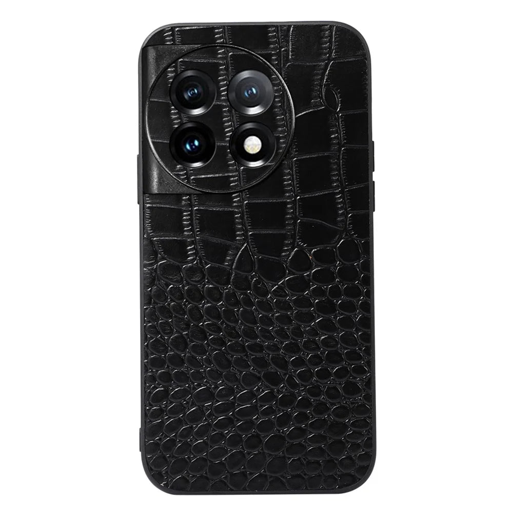 For OnePlus 11 5G Crocodile Texture Phone Case Genuine Cowhide Leather Coated PC+TPU Anti-Scratch Shell - Black - 1