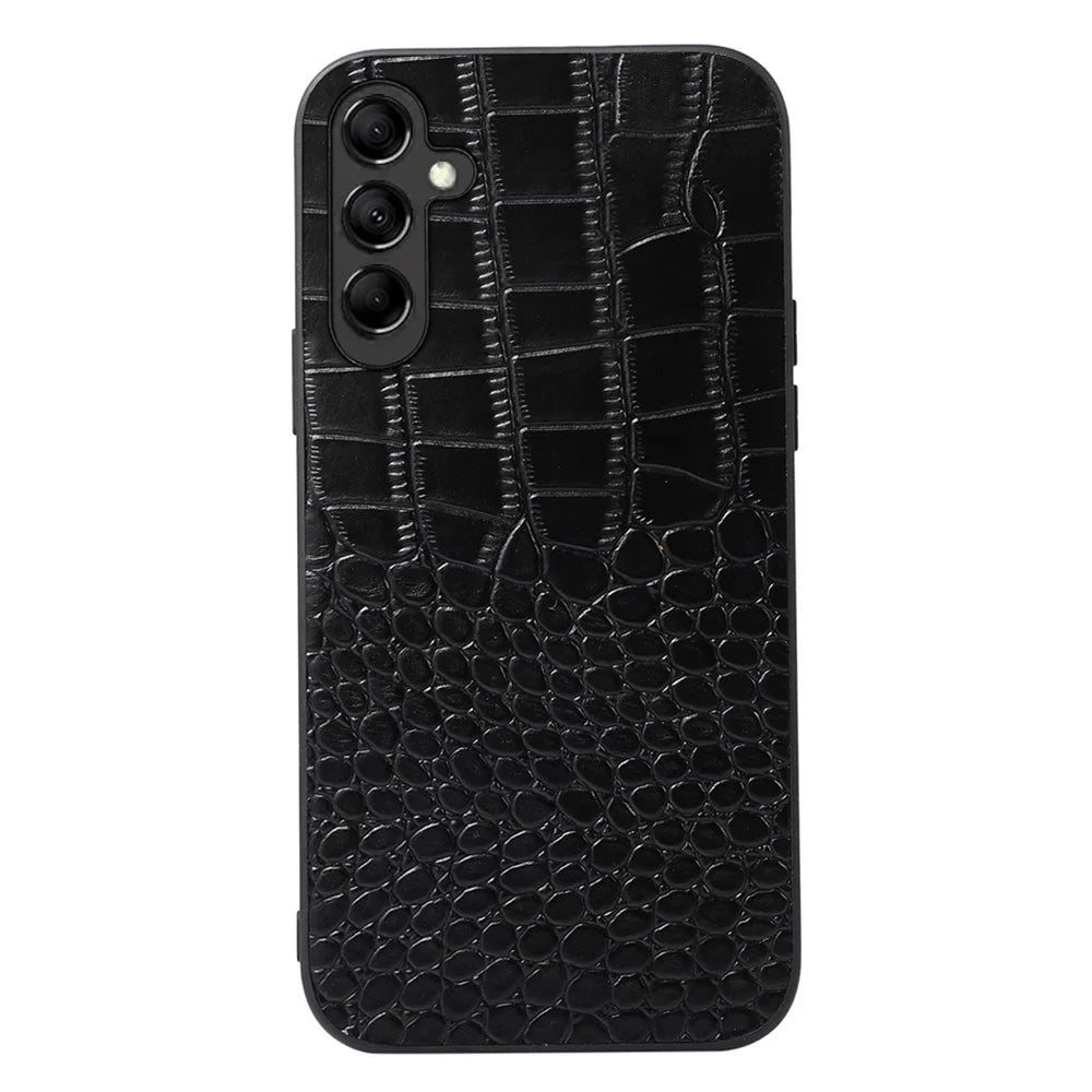For Samsung Galaxy A24 4G (162.1 x 77.6 x 8.3mm) Phone Cover Genuine Cowhide Leather Coated PC+TPU Crocodile Texture Phone Case - Black - 1