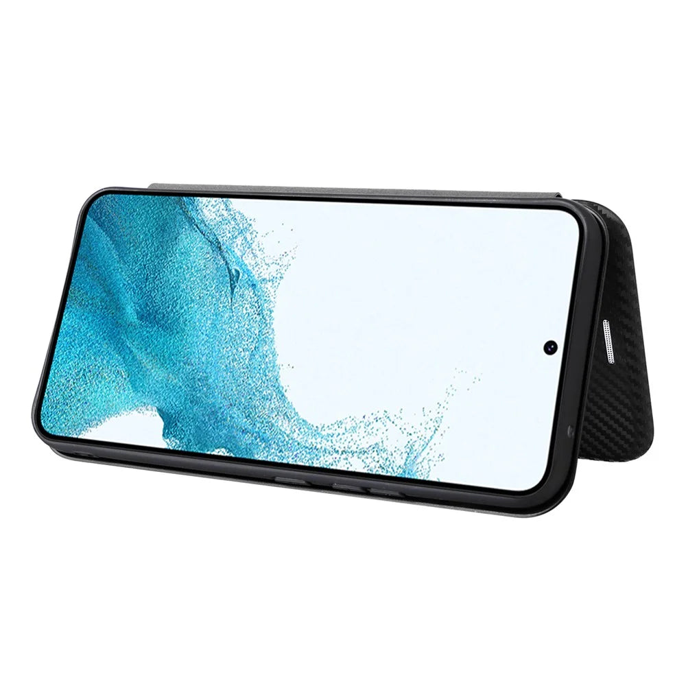 For Samsung Galaxy M14 5G Leather Anti-drop Cover Carbon Fiber Texture Phone Stand Case with Card Holder - Black - 3