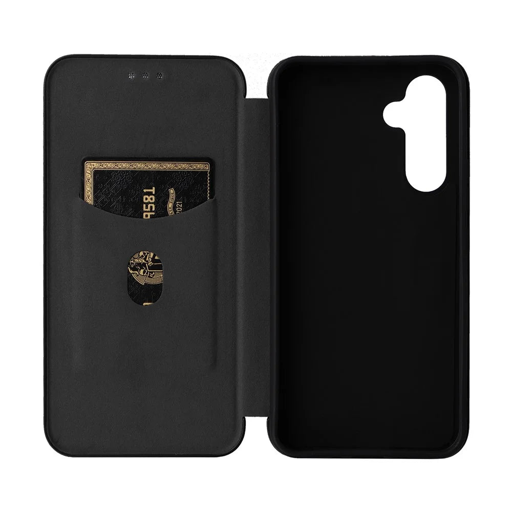 For Samsung Galaxy M14 5G Leather Anti-drop Cover Carbon Fiber Texture Phone Stand Case with Card Holder - Black - 5