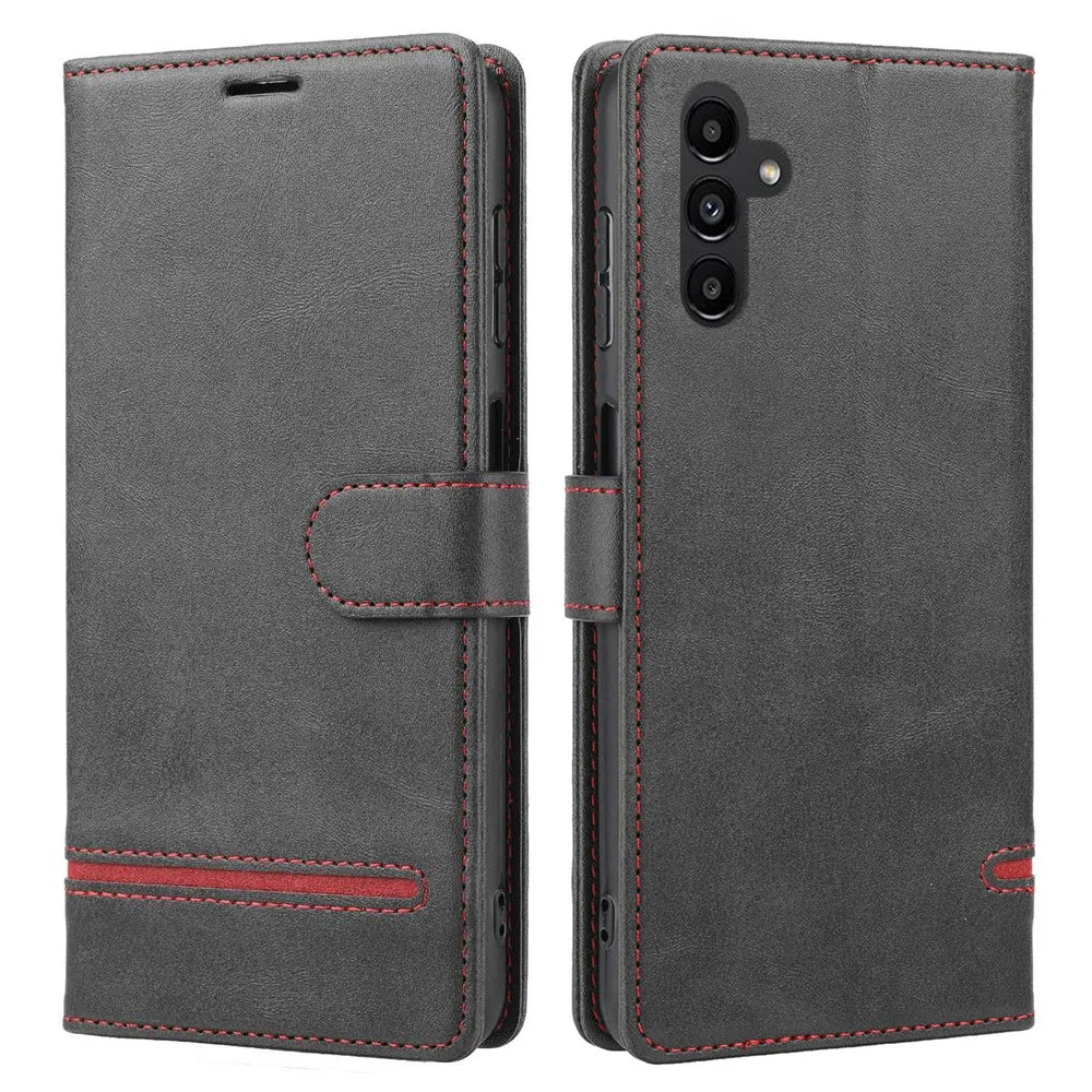 For Samsung Galaxy A14 4G / 5G Horizontal Line Anti-drop Wallet Cover PU Leather Flip Stand Case - Black - 1