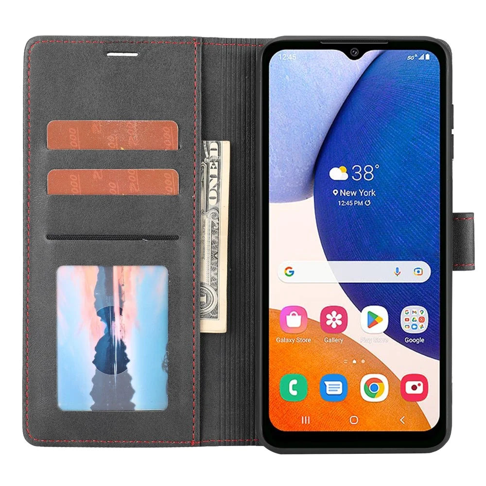 For Samsung Galaxy A14 4G / 5G Horizontal Line Anti-drop Wallet Cover PU Leather Flip Stand Case - Black - 2