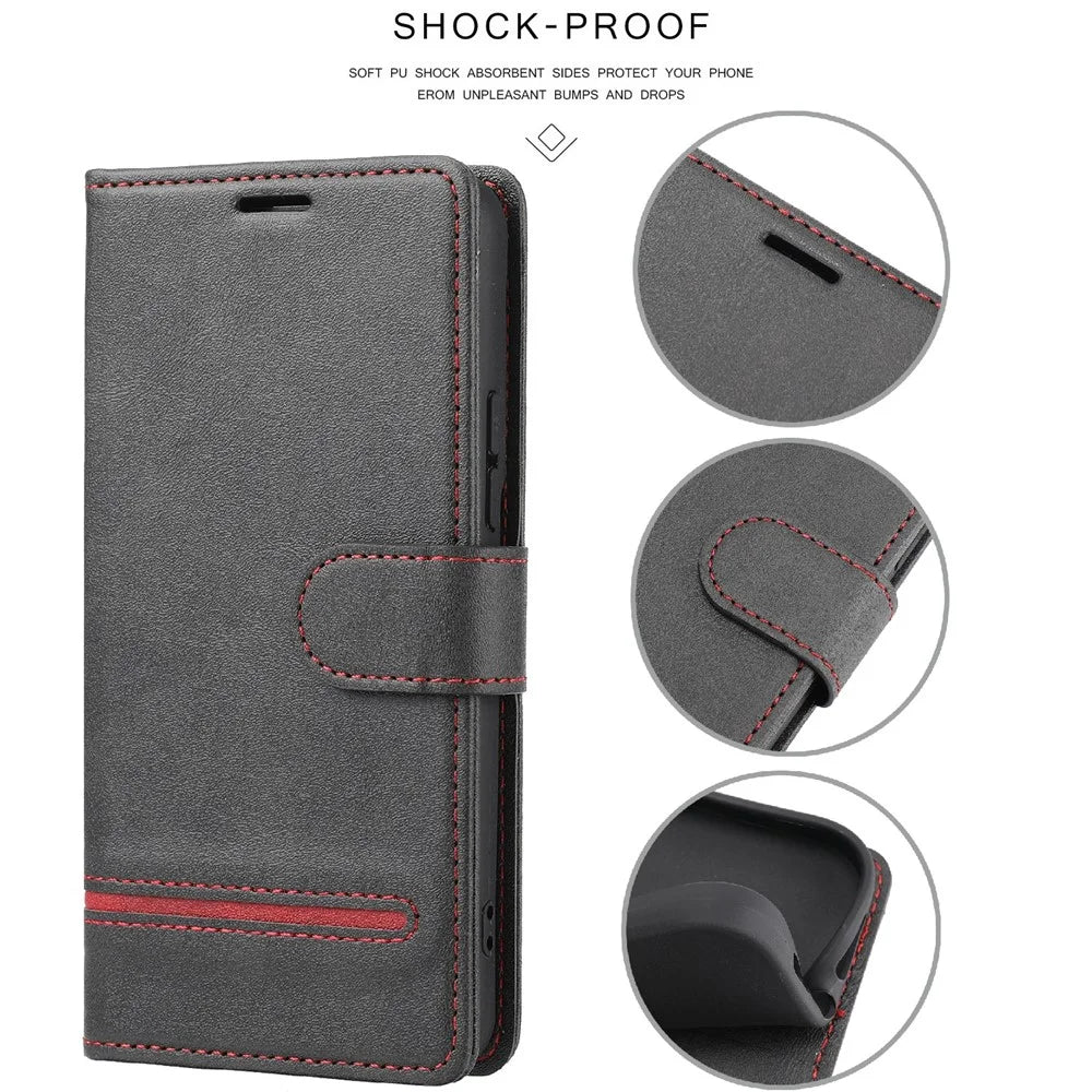 For Samsung Galaxy A14 4G / 5G Horizontal Line Anti-drop Wallet Cover PU Leather Flip Stand Case - Black - 5