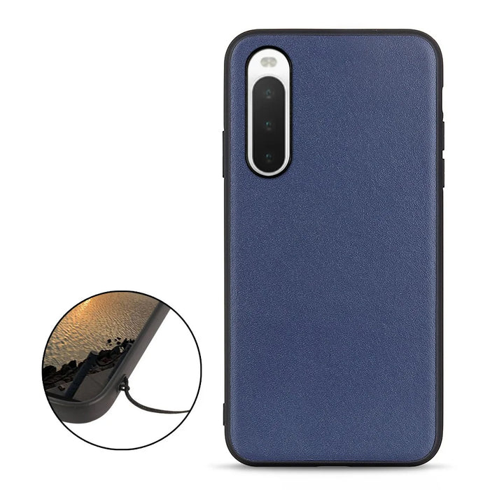 For Sony Xperia 10 V Genuine Leather Coated TPU Soft Grip Cover Textured Shockproof Phone Case - Blue - 2