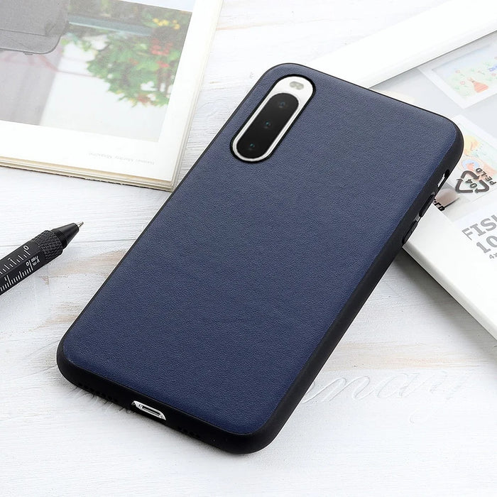 For Sony Xperia 10 V Genuine Leather Coated TPU Soft Grip Cover Textured Shockproof Phone Case - Blue - 3