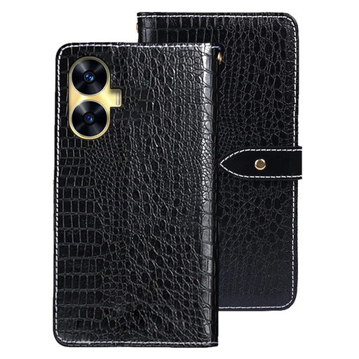IDEWEI For Realme C55 Flip Leather Phone Cover Crocodile Texture Stand Wallet Phone Case - Black - 1